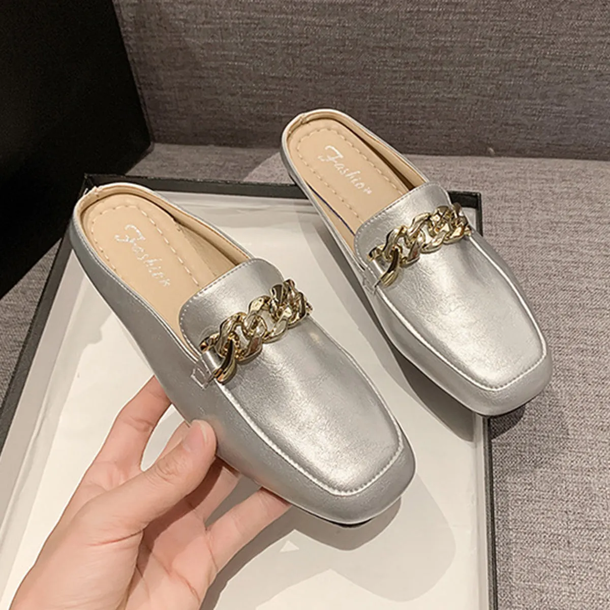 Faux Leather Square Toe Flat Loafers
