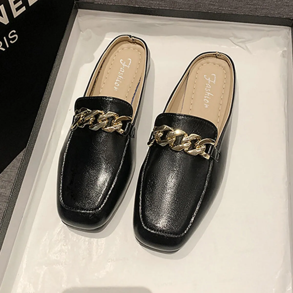 Faux Leather Square Toe Flat Loafers