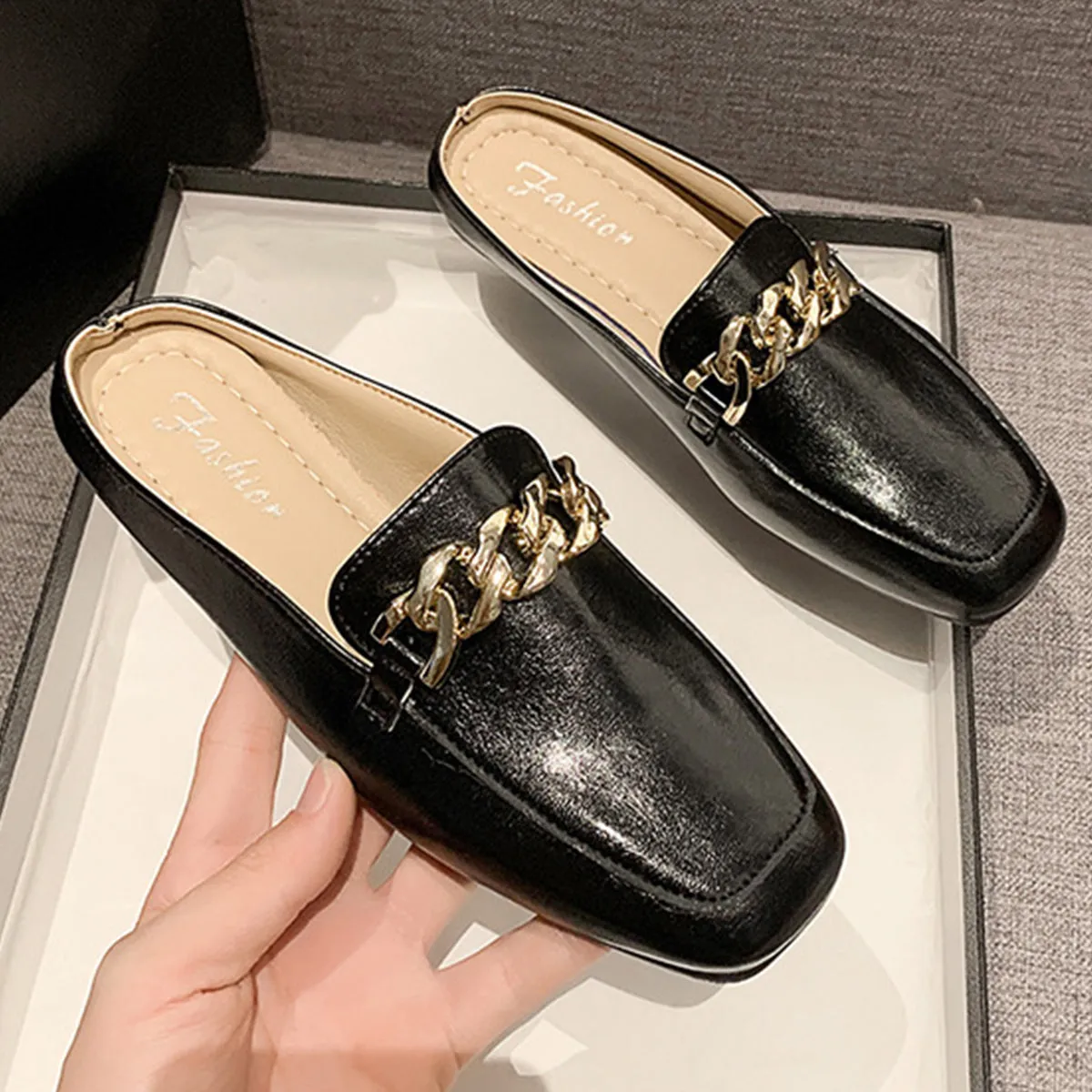 Faux Leather Square Toe Flat Loafers