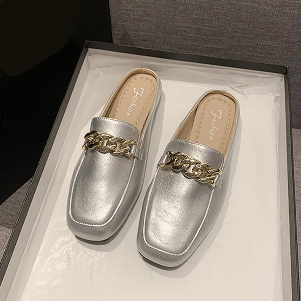 Faux Leather Square Toe Flat Loafers