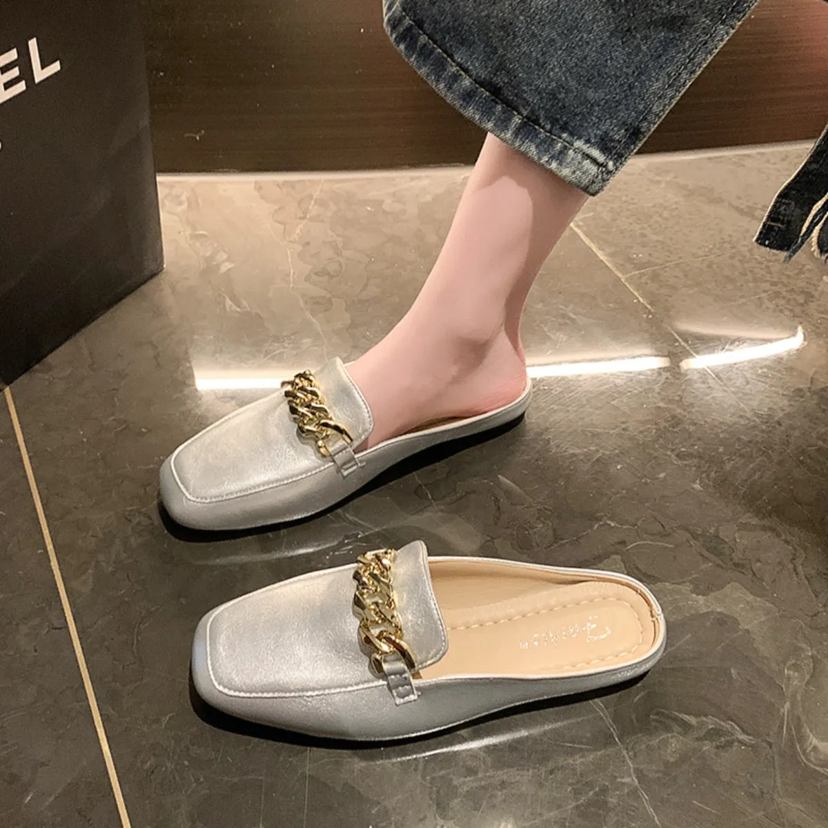 Faux Leather Square Toe Flat Loafers