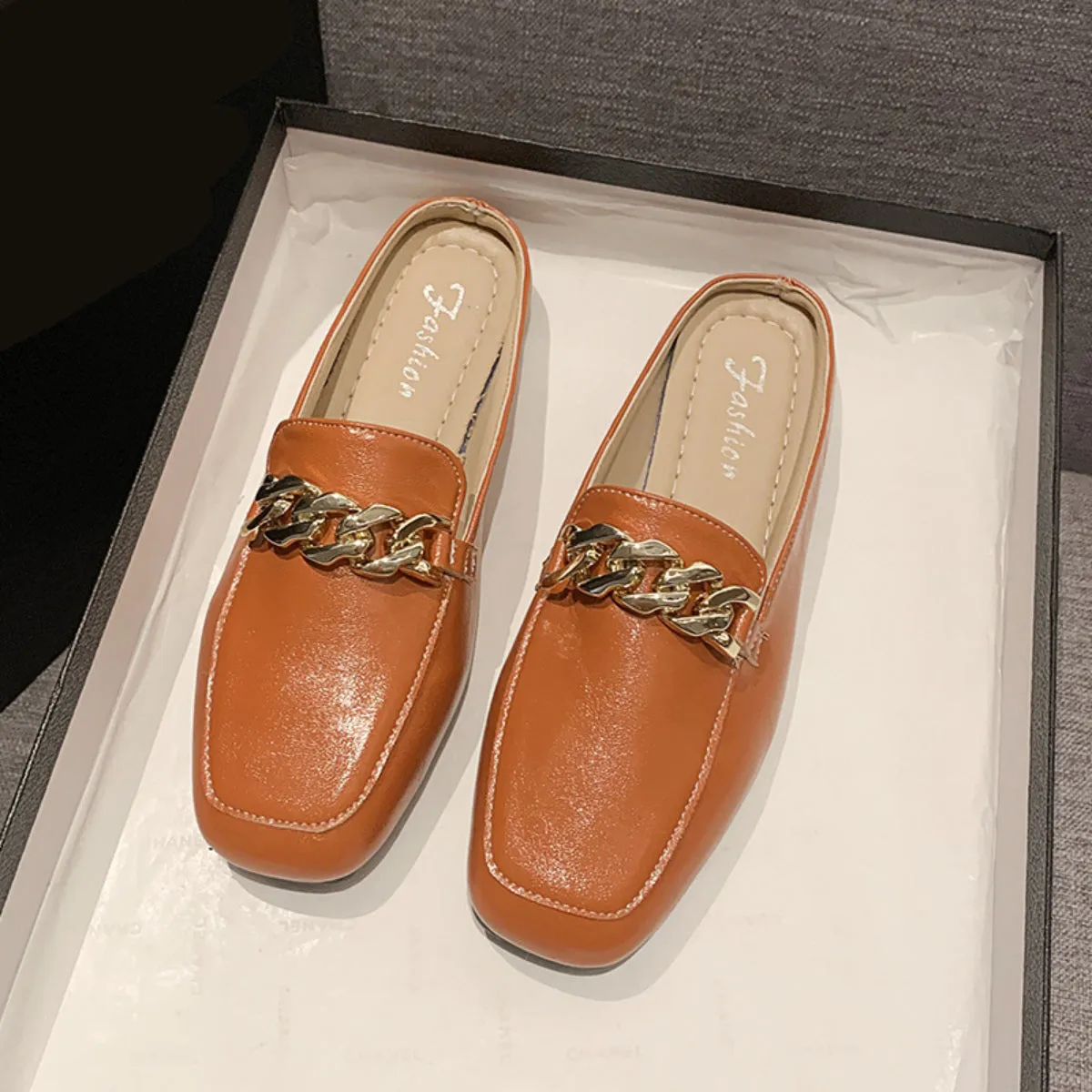 Faux Leather Square Toe Flat Loafers