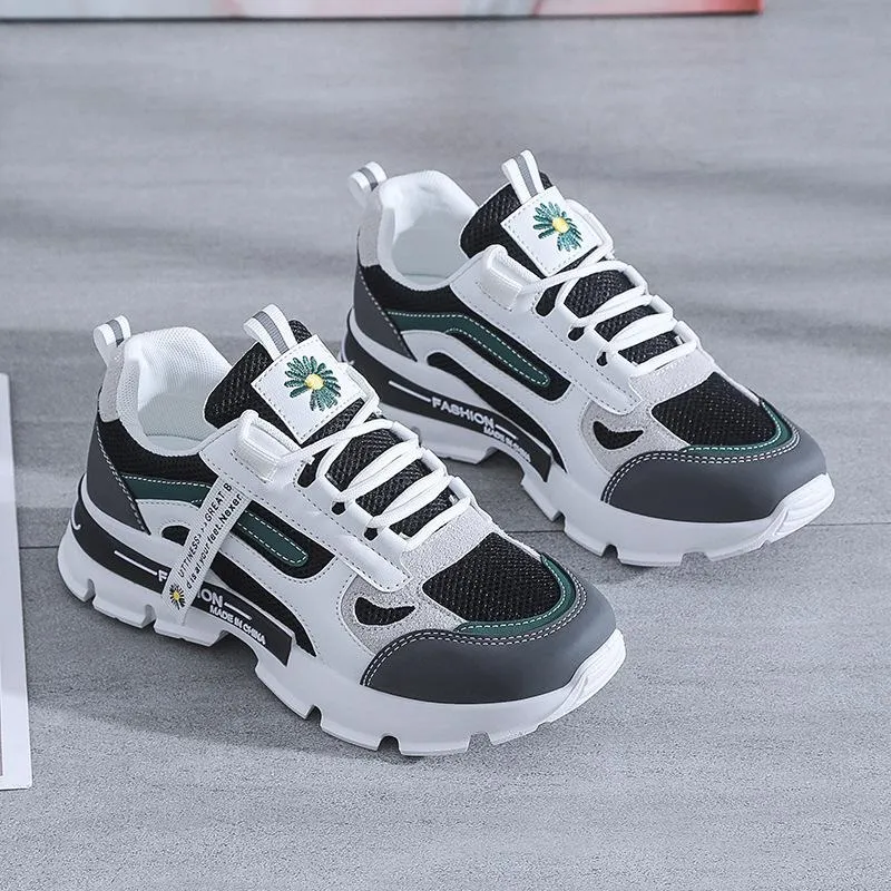 Female Lace Up Sneakers with Daisy / Casual Women's Sports Shoes with Thick Bottom