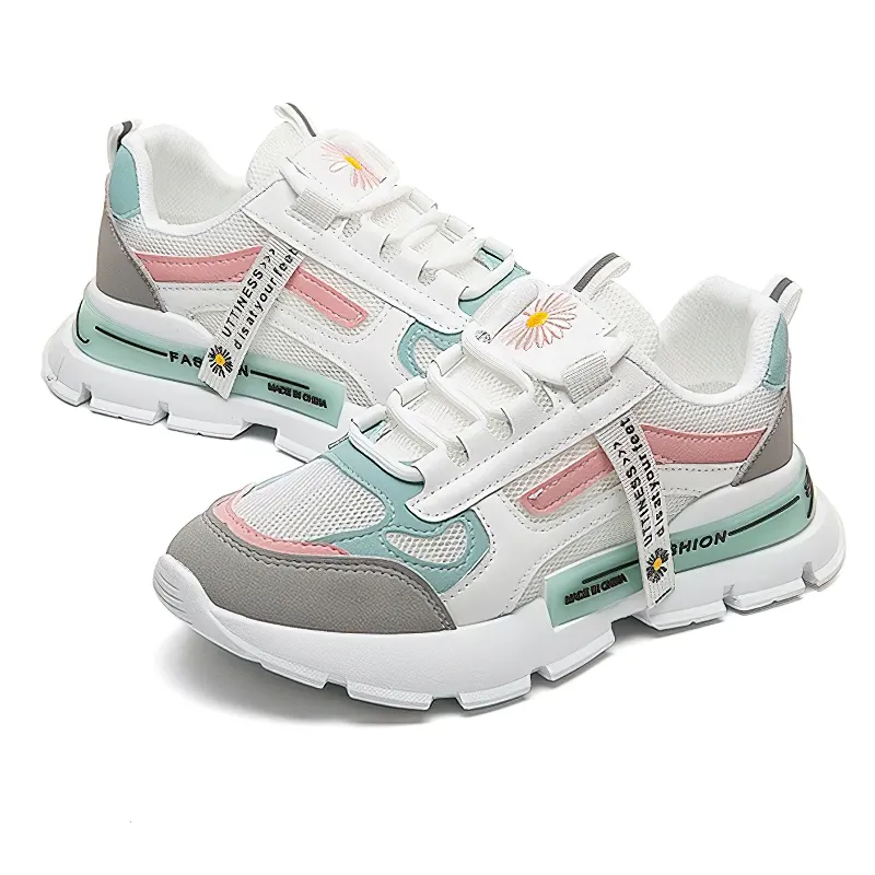 Female Lace Up Sneakers with Daisy / Casual Women's Sports Shoes with Thick Bottom