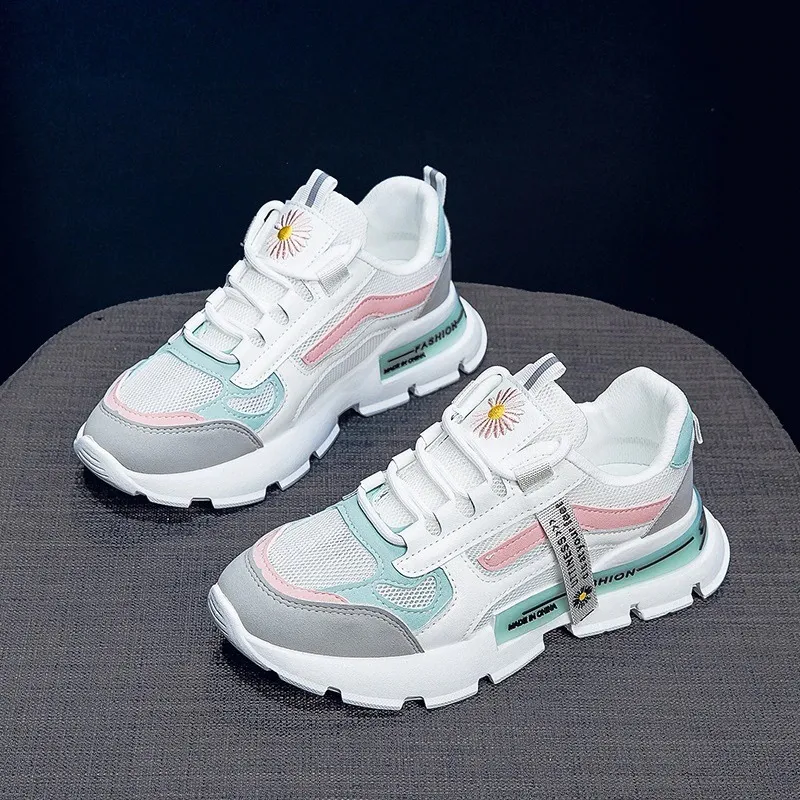 Female Lace Up Sneakers with Daisy / Casual Women's Sports Shoes with Thick Bottom
