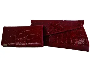 Fino RF-05 HT-310 Heart Printed Clutch Bag & Heart Printed Purse Set- Red