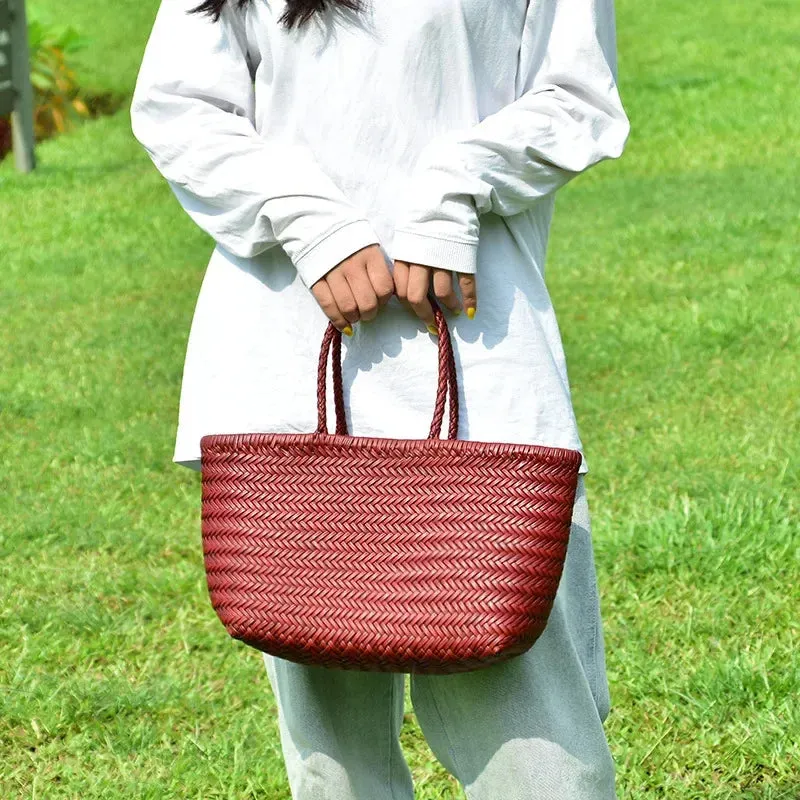 Genuine Leather Bag Weaving Casual Big Tote Purse Cowhide Handbags