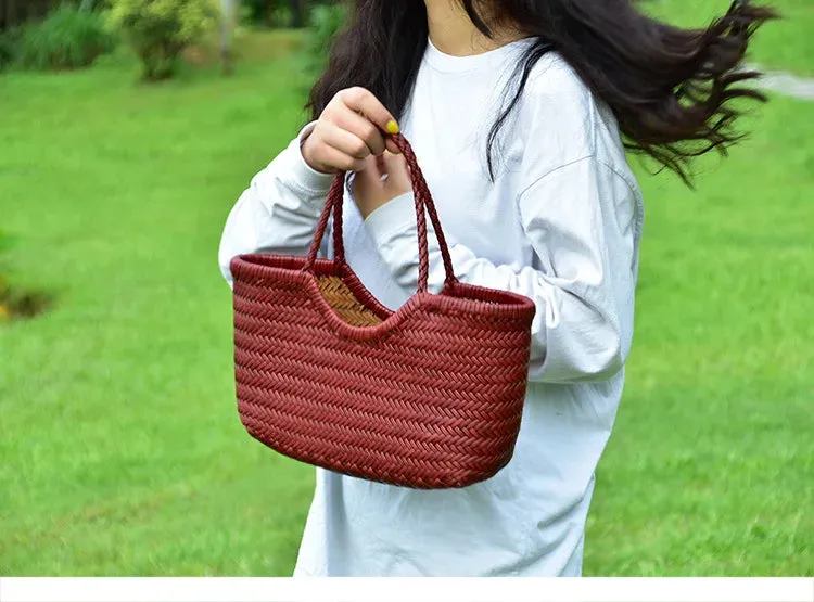 Genuine Leather Bag Weaving Casual Big Tote Purse Cowhide Handbags