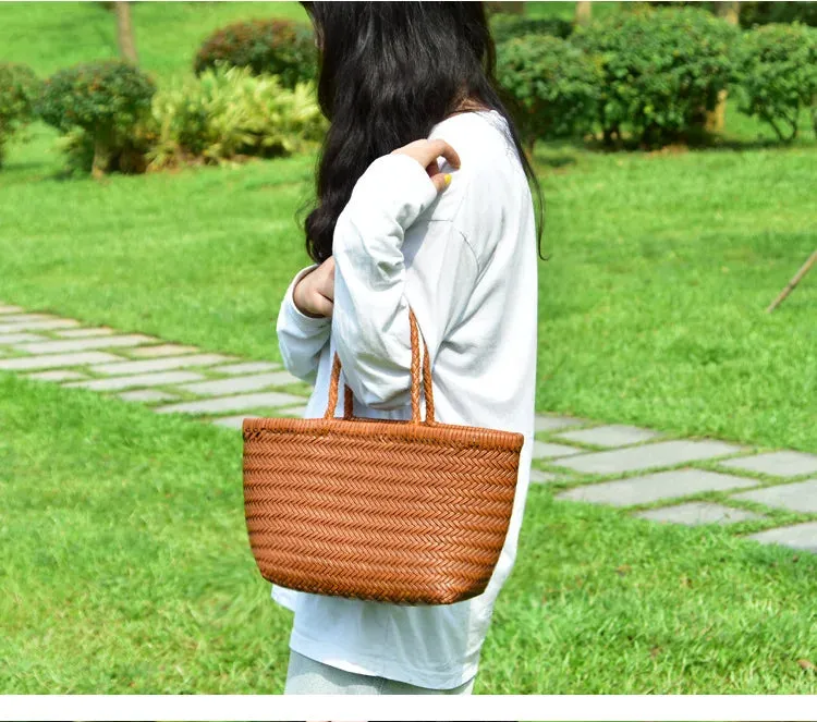 Genuine Leather Bag Weaving Casual Big Tote Purse Cowhide Handbags