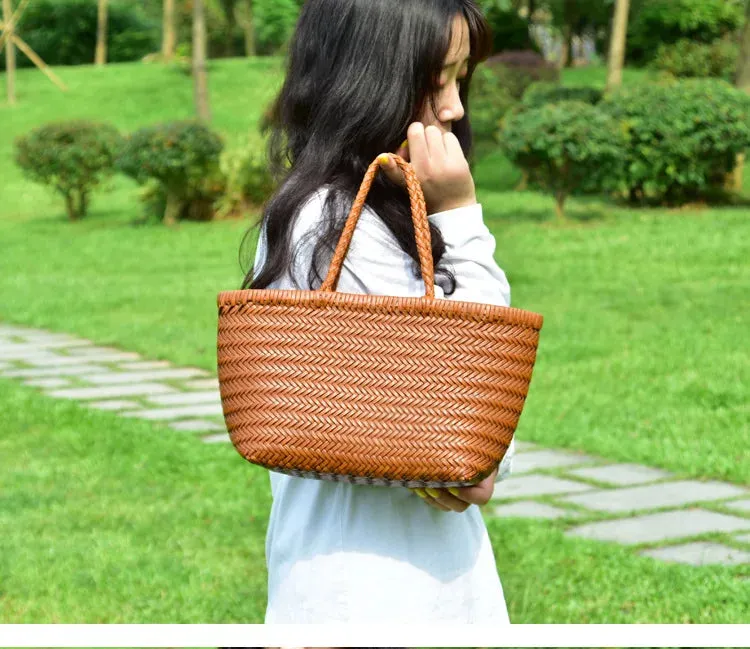 Genuine Leather Bag Weaving Casual Big Tote Purse Cowhide Handbags