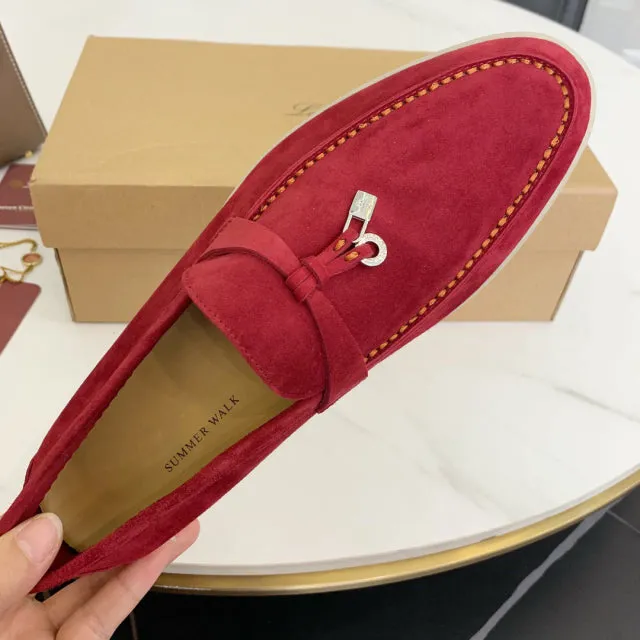 Genuine Leather Kid suede Women Flat Lock Shoes Lazy Slip-on Metal Loafers Lady Casual Walk Shoes Woman Shoes Summer Leather 45