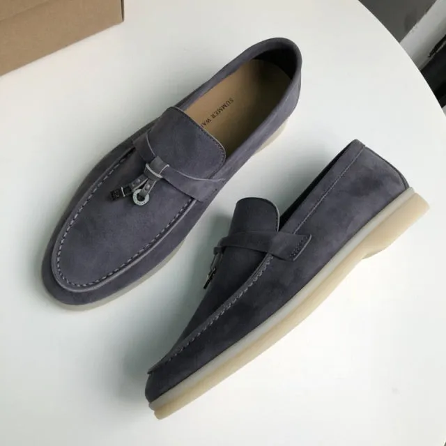 Genuine Leather Kid suede Women Flat Lock Shoes Lazy Slip-on Metal Loafers Lady Casual Walk Shoes Woman Shoes Summer Leather 45
