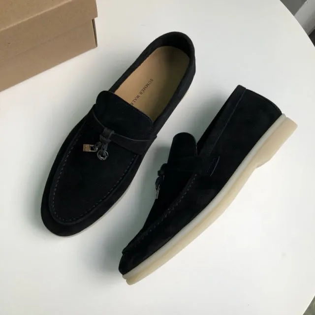 Genuine Leather Kid suede Women Flat Lock Shoes Lazy Slip-on Metal Loafers Lady Casual Walk Shoes Woman Shoes Summer Leather 45