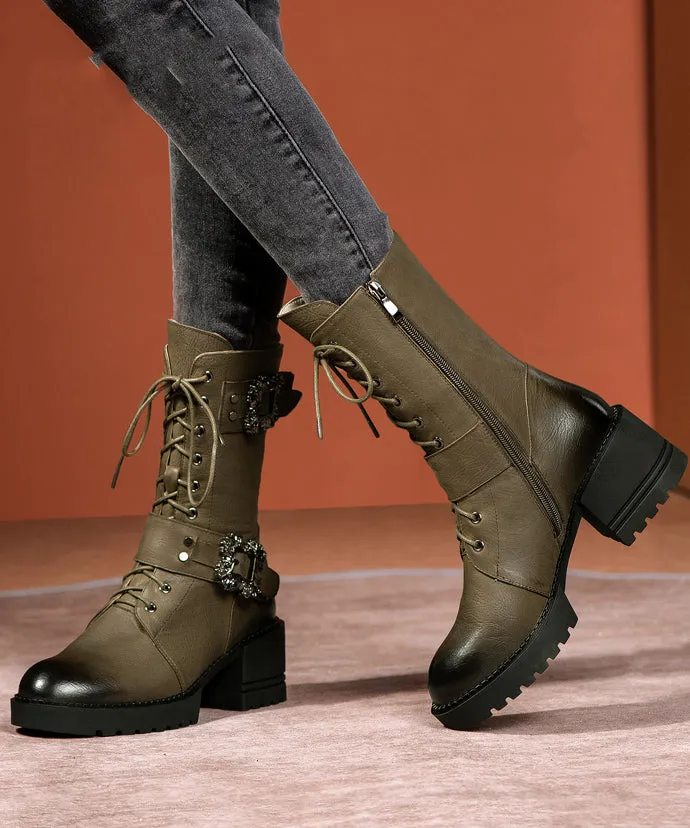 Green Cross Strap Splicing Fashion Chunky Boots ML1675