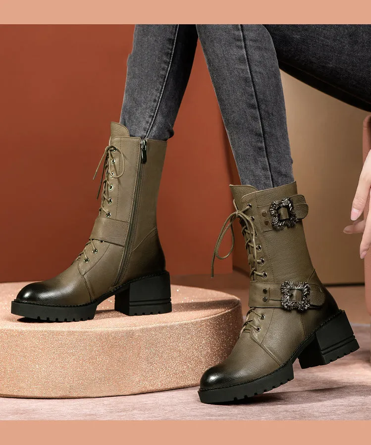 Green Cross Strap Splicing Fashion Chunky Boots ML1675
