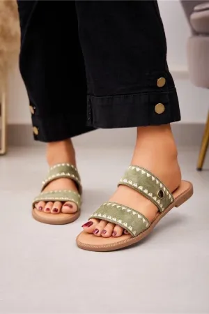 GREEN DOUBLE STRAP FLAT SLIP ON SLIDE SANDALS