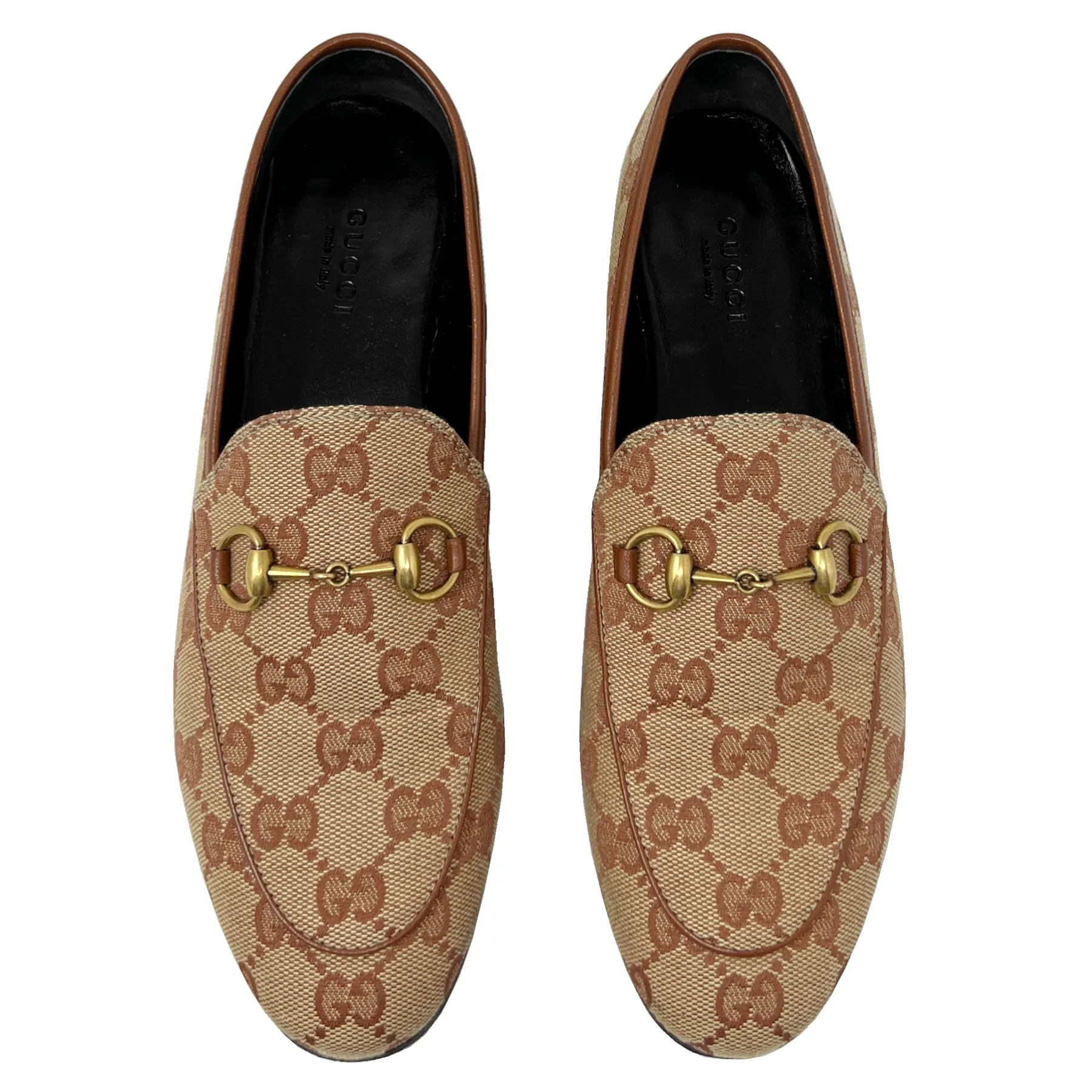 Gucci Jordaan Brown Monogram Canvas Leather Trim Loafers Size EU 36.5