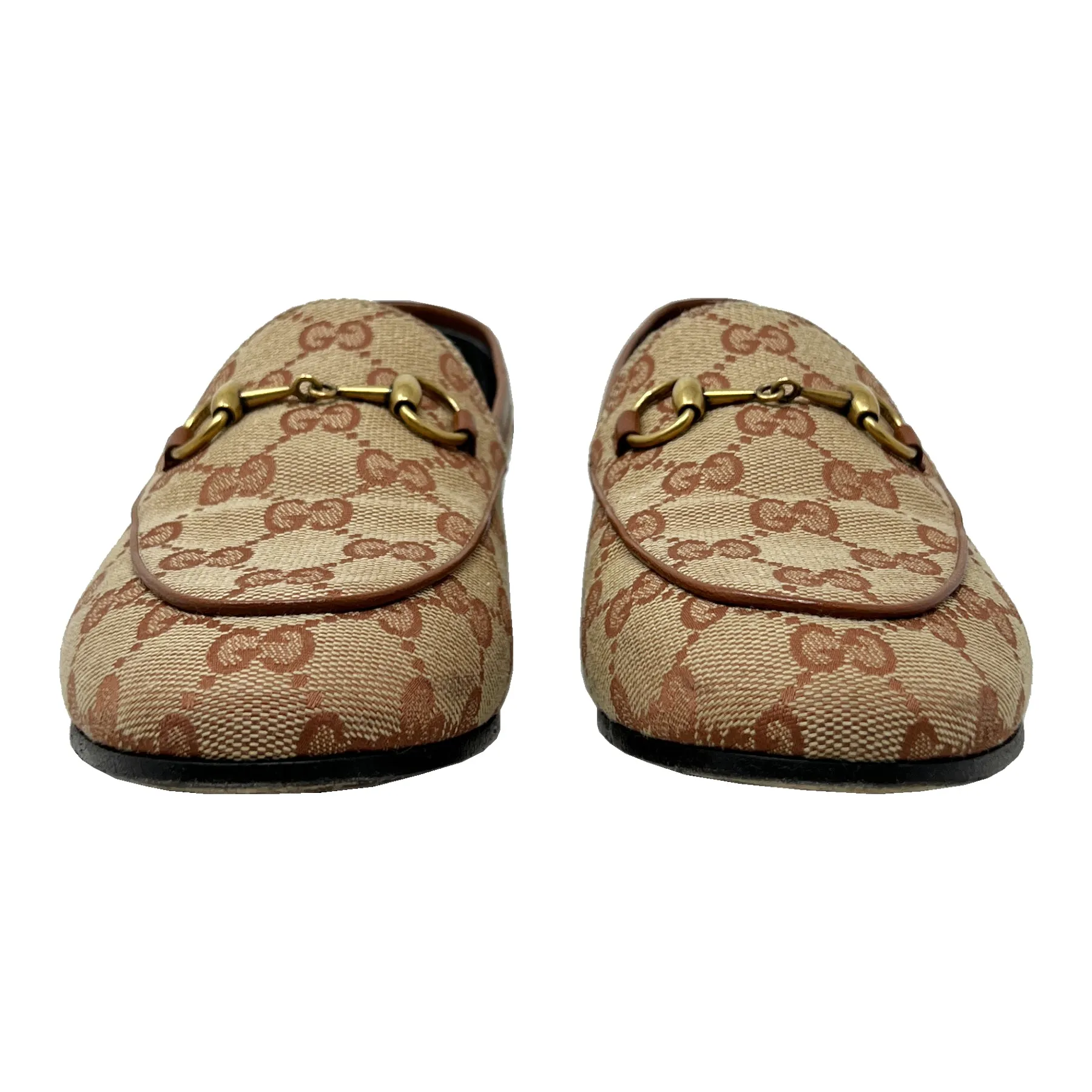 Gucci Jordaan Brown Monogram Canvas Leather Trim Loafers Size EU 36.5