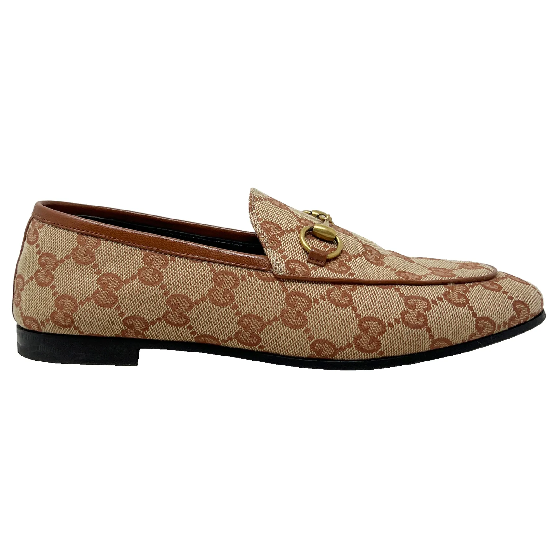 Gucci Jordaan Brown Monogram Canvas Leather Trim Loafers Size EU 36.5