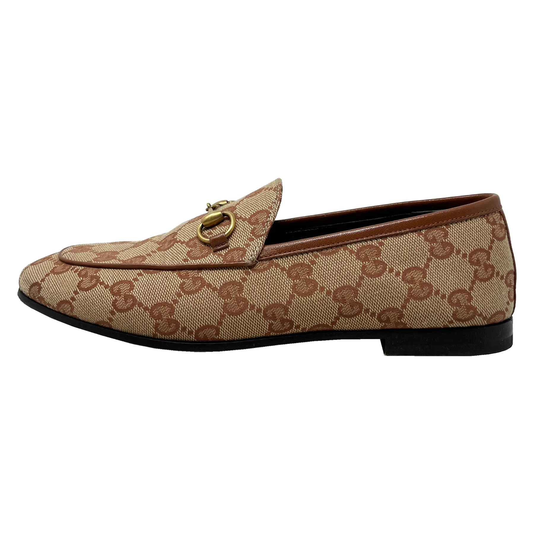 Gucci Jordaan Brown Monogram Canvas Leather Trim Loafers Size EU 36.5