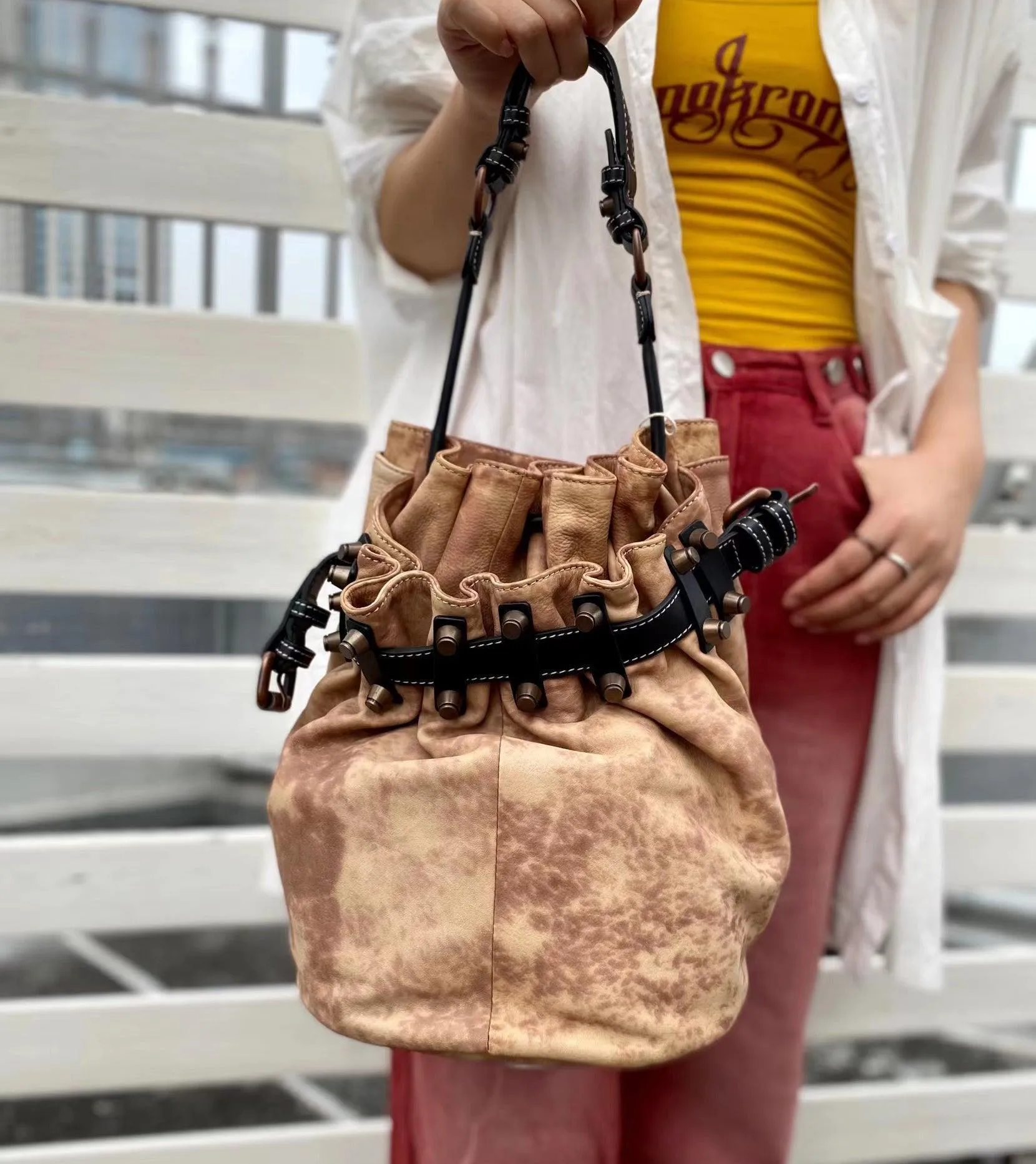 Handcrafted Bohemian Vintage Italian Leather Drawstring Bucket Shoulder Bag | A Perfect Gift for Her