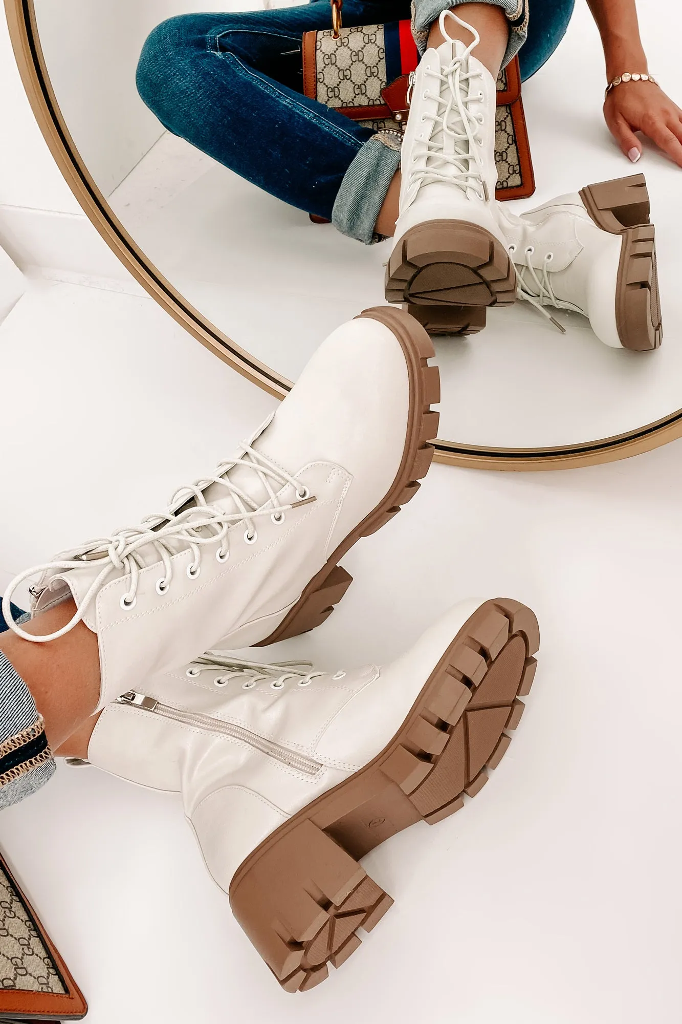 IMPERFECT Questionable Intentions Faux Leather Chunky Combat Boots (Smooth White)