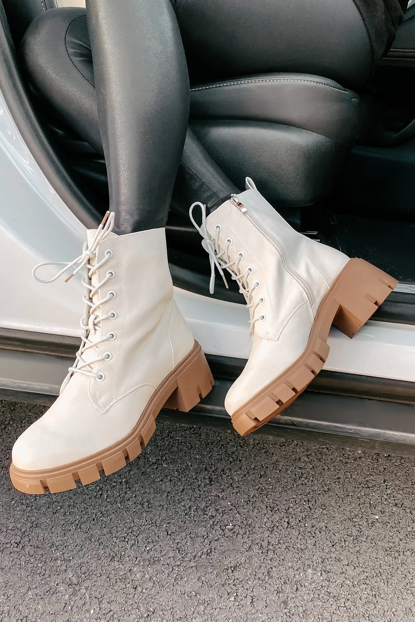 IMPERFECT Questionable Intentions Faux Leather Chunky Combat Boots (Smooth White)