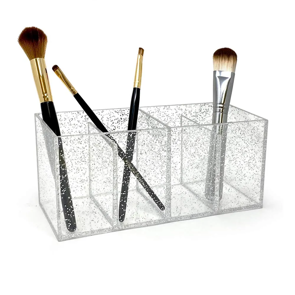 Isaac Jacobs 4-Compartment Clear Acrylic Organizer- Makeup Brush Holder- Storage Solution- Office, Bathroom, Kitchen Supplies and More (4 Compartment, Silver Glitter)