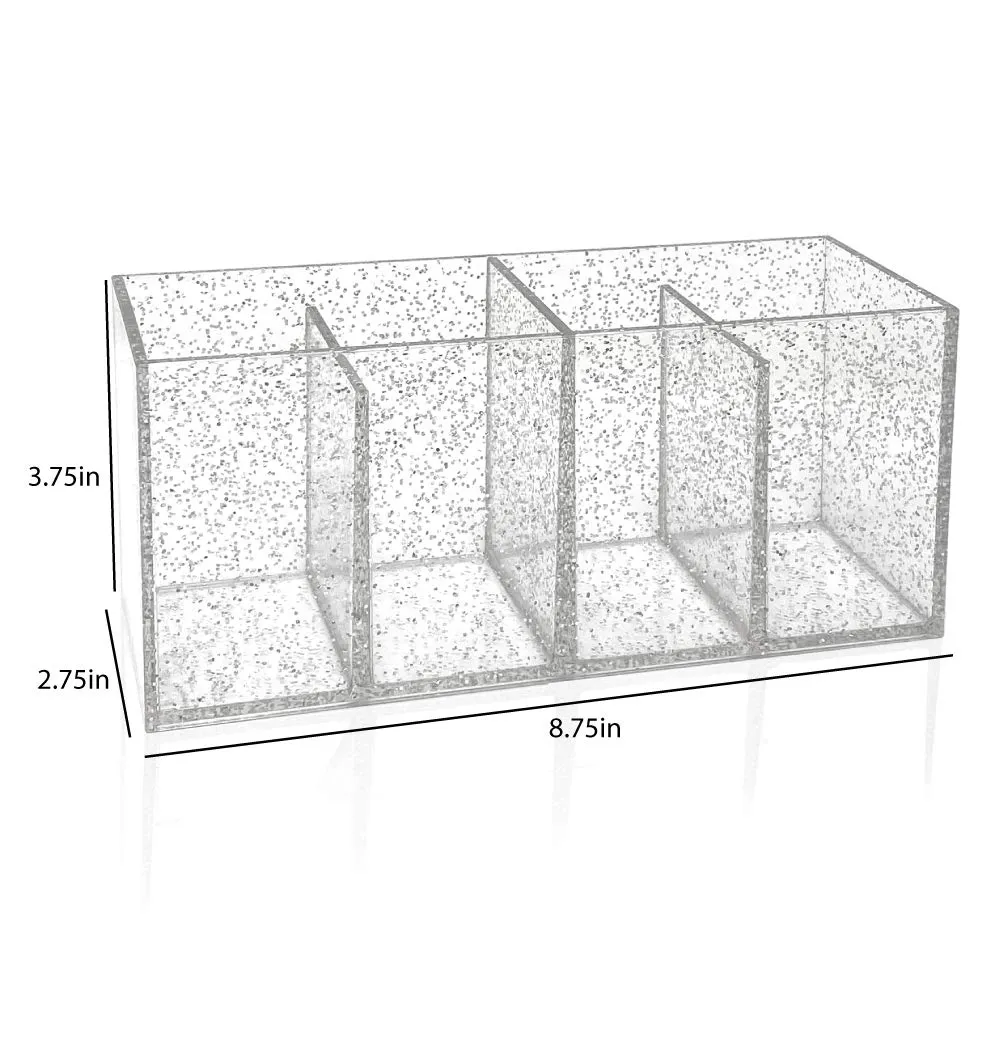 Isaac Jacobs 4-Compartment Clear Acrylic Organizer- Makeup Brush Holder- Storage Solution- Office, Bathroom, Kitchen Supplies and More (4 Compartment, Silver Glitter)