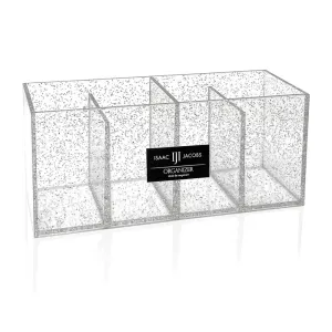 Isaac Jacobs 4-Compartment Clear Acrylic Organizer- Makeup Brush Holder- Storage Solution- Office, Bathroom, Kitchen Supplies and More (4 Compartment, Silver Glitter)