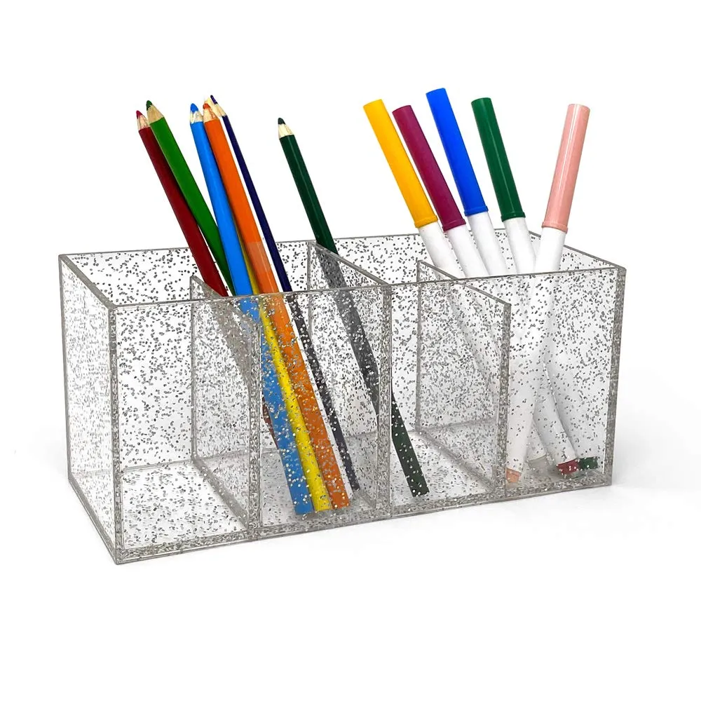 Isaac Jacobs 4-Compartment Clear Acrylic Organizer- Makeup Brush Holder- Storage Solution- Office, Bathroom, Kitchen Supplies and More (4 Compartment, Silver Glitter)