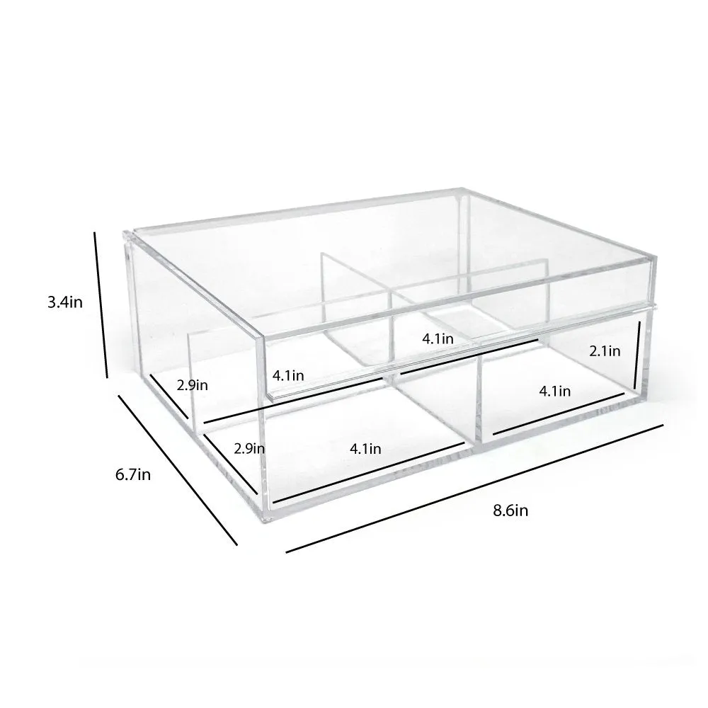 Isaac Jacobs 4-Compartment Clear Acrylic Organizer with Lid (6.7" L x 8.6" W x 3.4" H), Multi-Sectional Tray & Storage Solution for Makeup, School & Office Supplies & More, for Bathroom, Kitchen