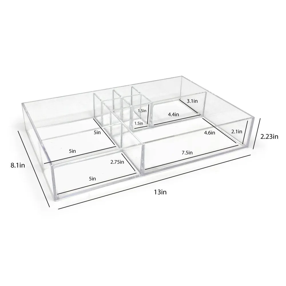Isaac Jacobs 8-Compartment Clear Acrylic Drawer Organizer (13" L x 8.1" W x 2.3" H), Multi-Sectional Tray & Storage Solution for Makeup, School & Office Supplies, Bathroom, Kitchen