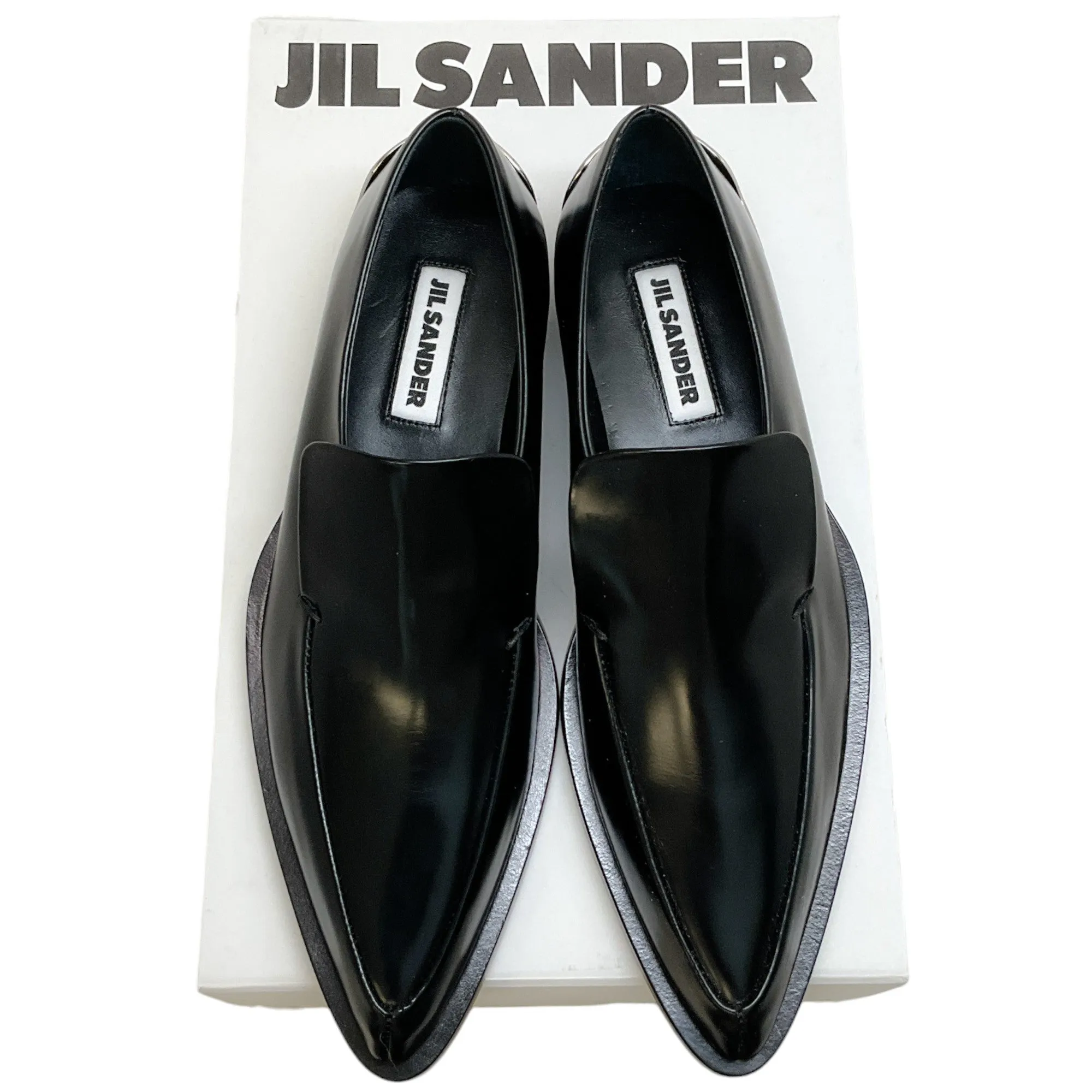 Jil Sander Black Box Leather Loafers with Silver Detail