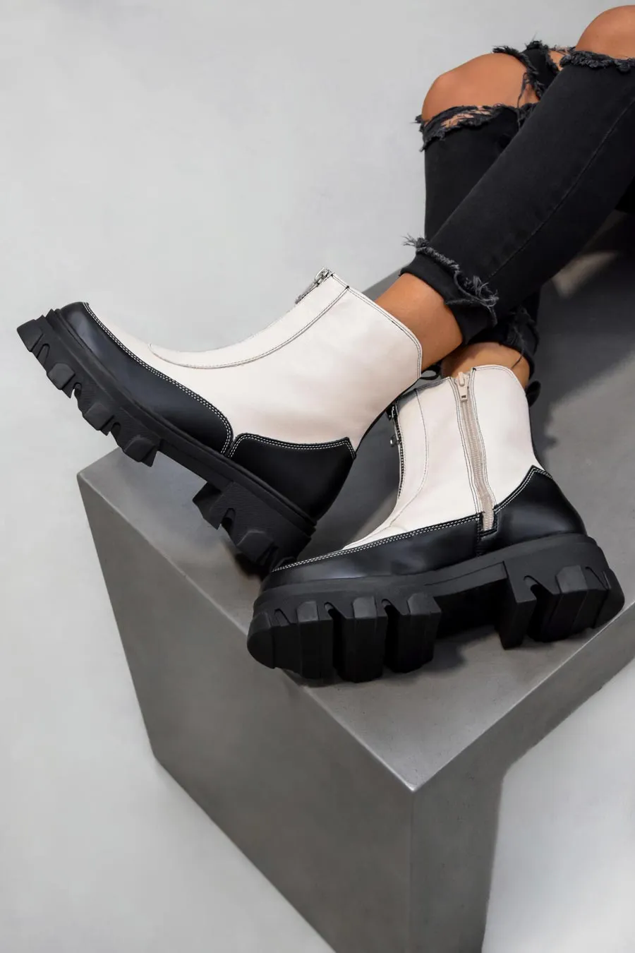 KAYA Zip Front Ankle Boots - Beige PU