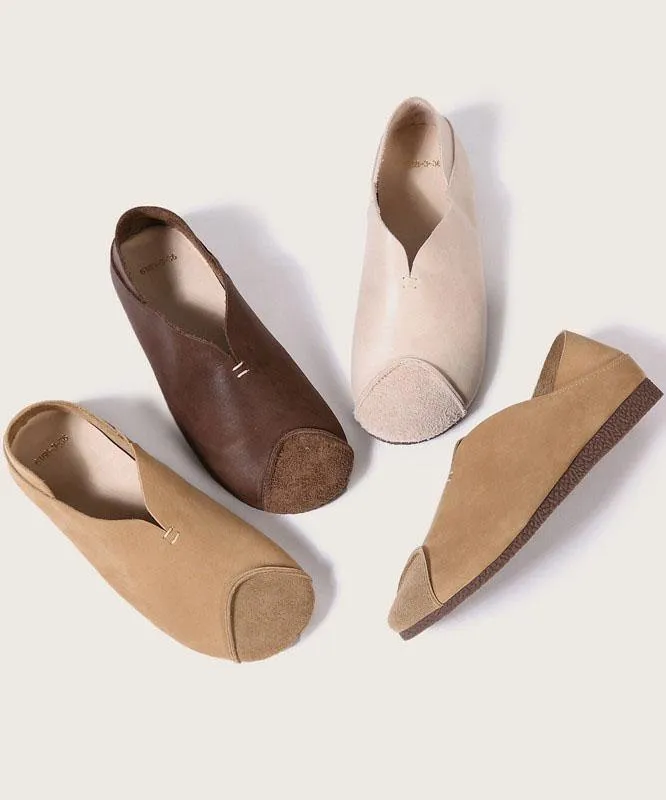 Khaki Cowhide Leather Flats Splicing Flat Feet Shoes