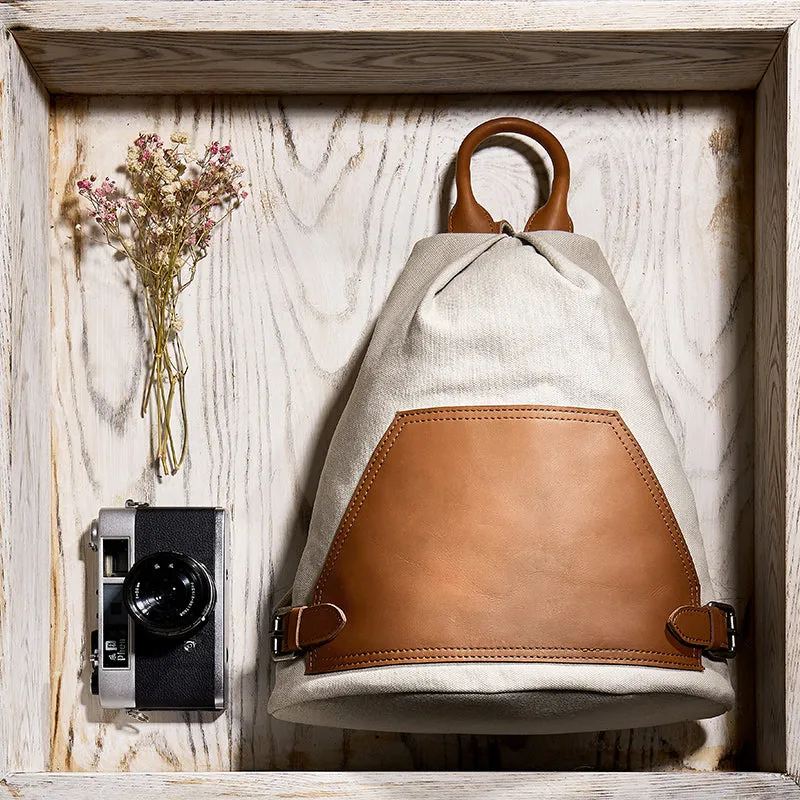 Ladies Small Vintage Canvas Leather Hiking Backpack Purse Canvas Rucksack Bag for Women