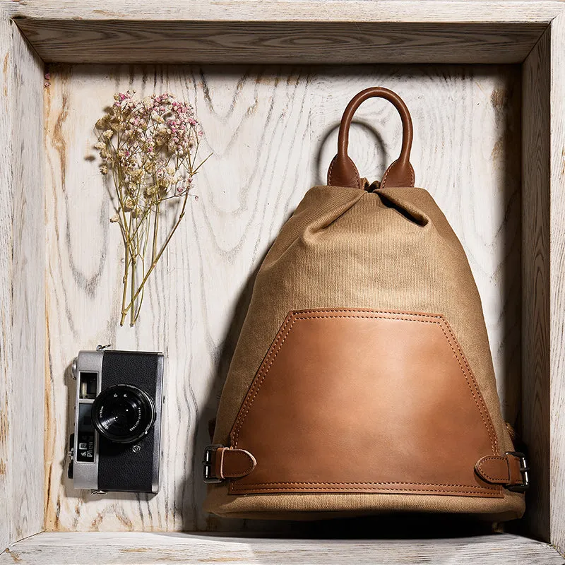 Ladies Small Vintage Canvas Leather Hiking Backpack Purse Canvas Rucksack Bag for Women
