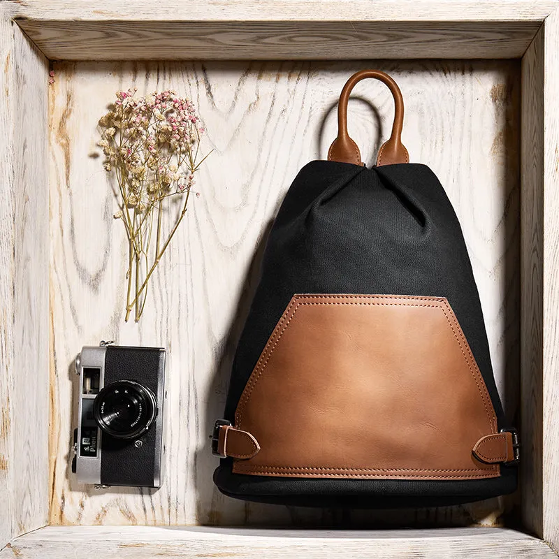 Ladies Small Vintage Canvas Leather Hiking Backpack Purse Canvas Rucksack Bag for Women