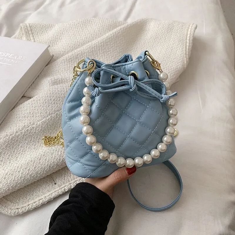 Lattice Pearl Tote bag Bucket Bag 2021 Summer New High-quality PU Leather Women's Designer Handbag Chain Shoulder Messenger Bag