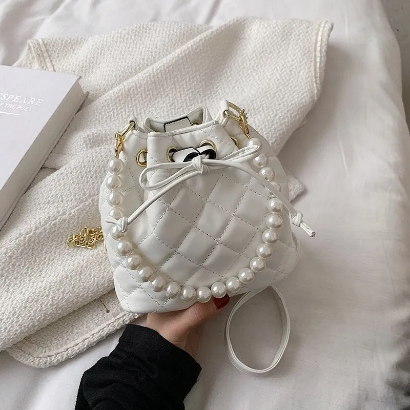 Lattice Pearl Tote bag Bucket Bag 2021 Summer New High-quality PU Leather Women's Designer Handbag Chain Shoulder Messenger Bag