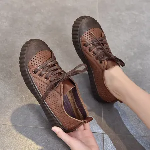 Leather Women's Casual Shoes LGCSS03 Flat Biscuit Toe Layer Sneakers