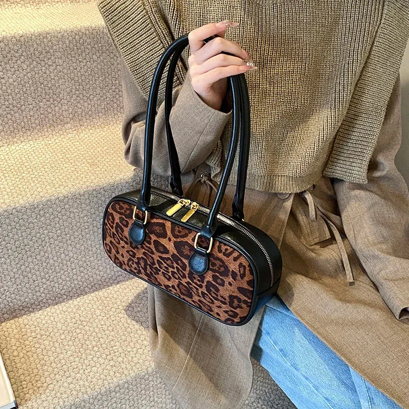 Leopard Faux Leather Zipper Handbag