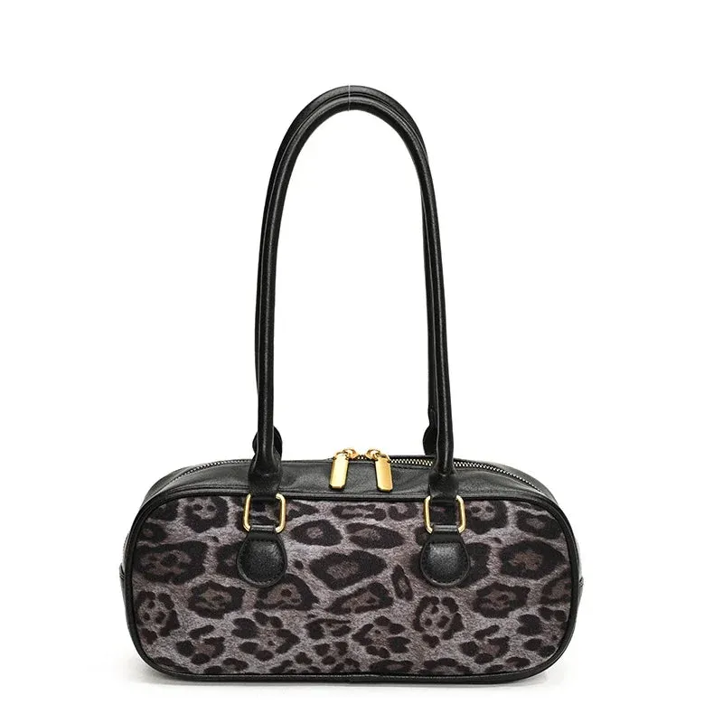 Leopard Faux Leather Zipper Handbag