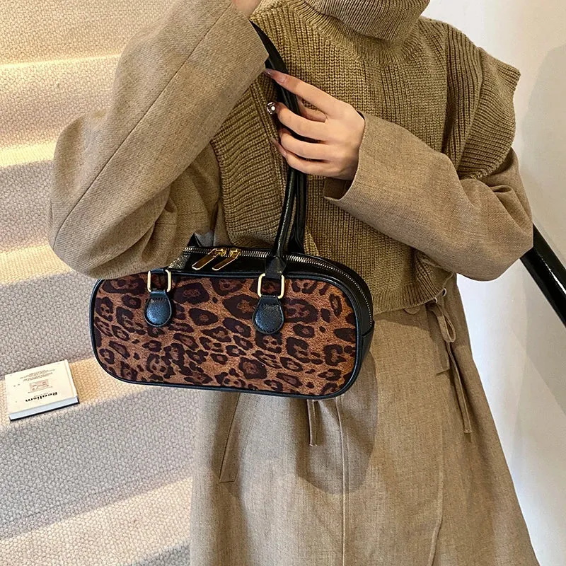 Leopard Faux Leather Zipper Handbag