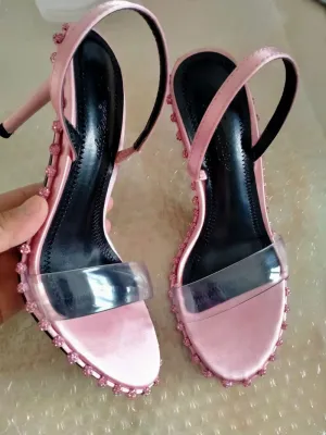 Luxury Diamond Decoration Ladies High Heels Pink Sandals  Summer  Women Slingbacks Shoes Open Toe Bride Wedding Pumps Shoes