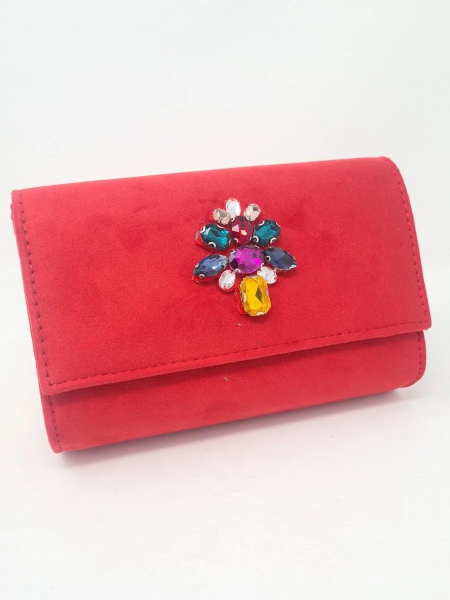 Mini Red Suede Gem Clutch Bag