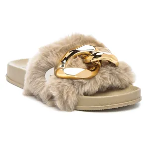 Munks Big Metal Fur Slides in Beige
