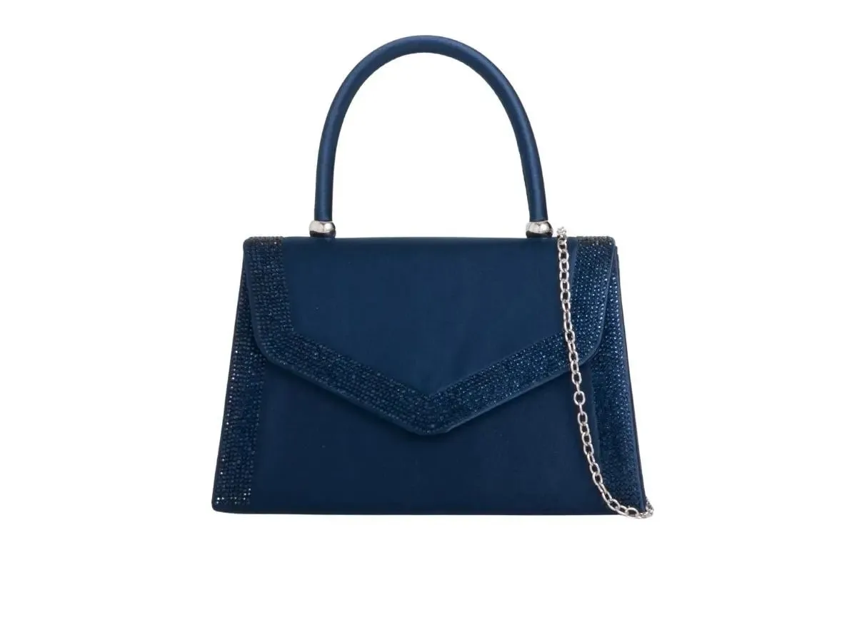 Navy Satin Crystal Trimmed Handbag