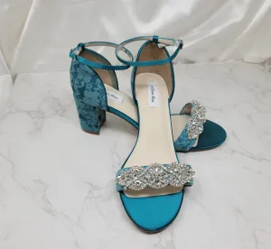 Oasis Green Wedding Shoes with Block Heel Crystal Applique Design